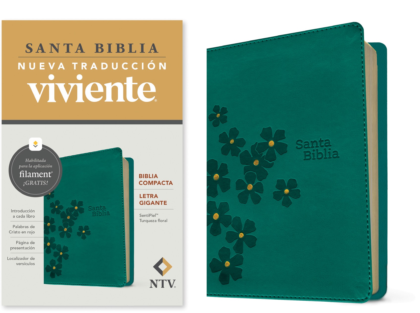  Biblia compacta NTV, letra gigante con Filament (SentiPiel, Turquesa floral, Letra Roja)