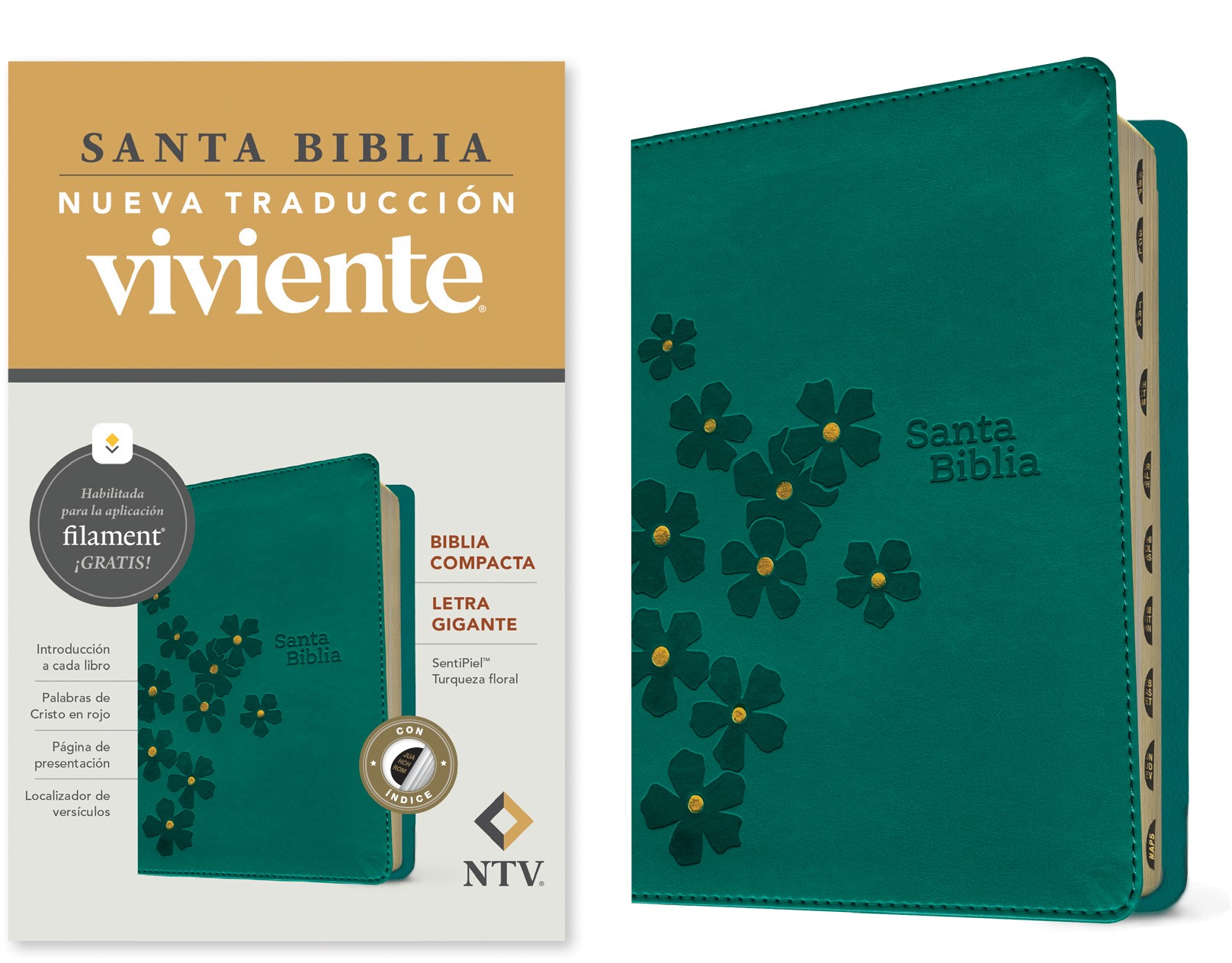  Biblia compacta NTV, letra gigante con Filament (SentiPiel, Turquesa floral, Índice, Letra Roja)