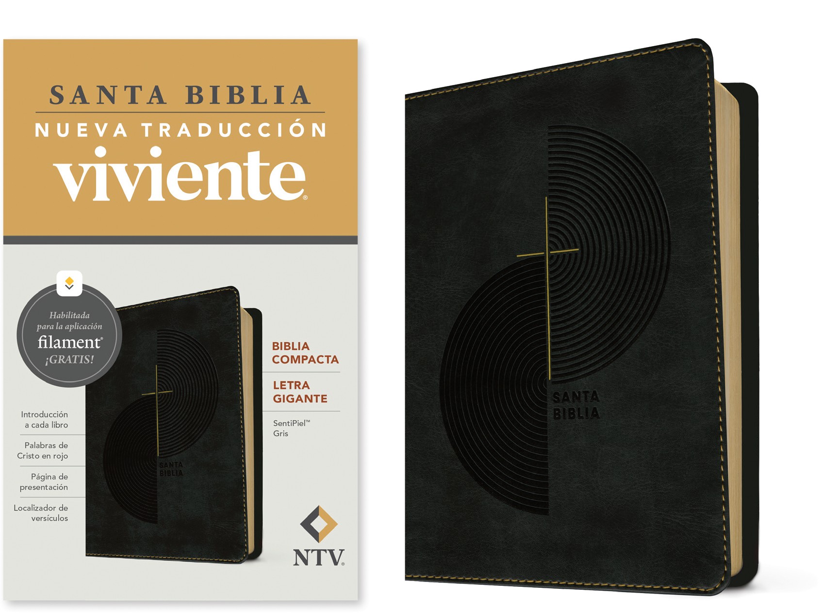  Biblia compacta NTV, letra gigante con Filament (SentiPiel, Gris, Letra Roja)