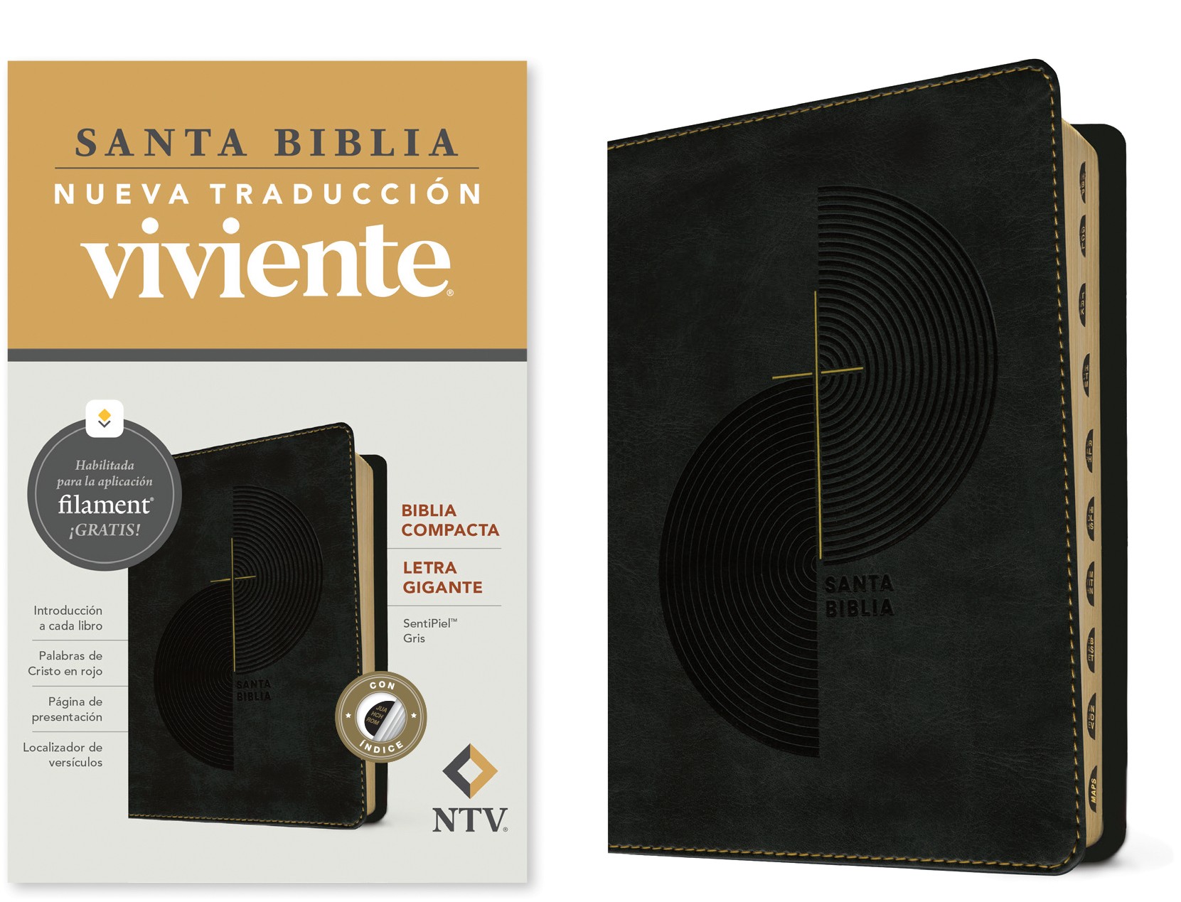  Biblia compacta NTV, letra gigante con Filament (SentiPiel, Gris, Índice, Letra Roja)